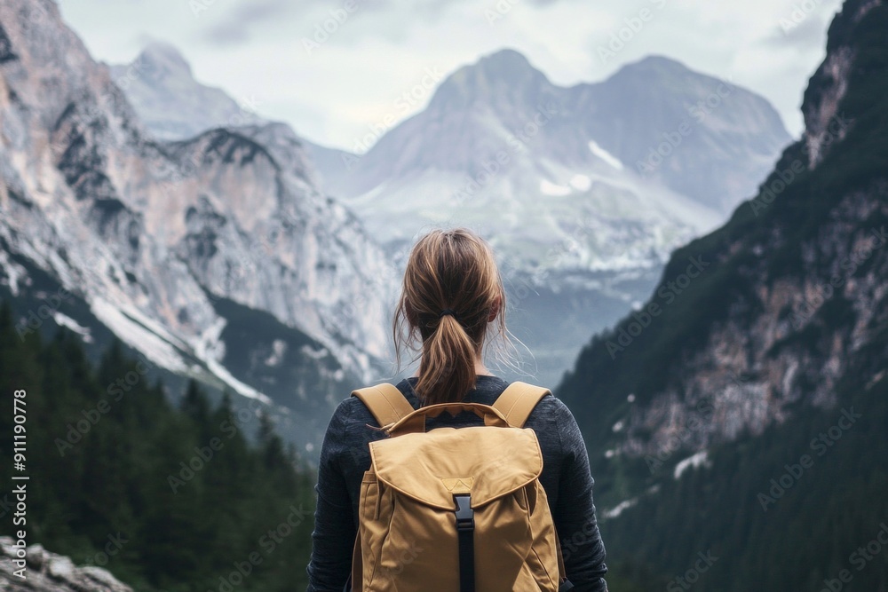 Fototapeta premium A rear view of a female traveller with a backpack facing beautiful mountains. 