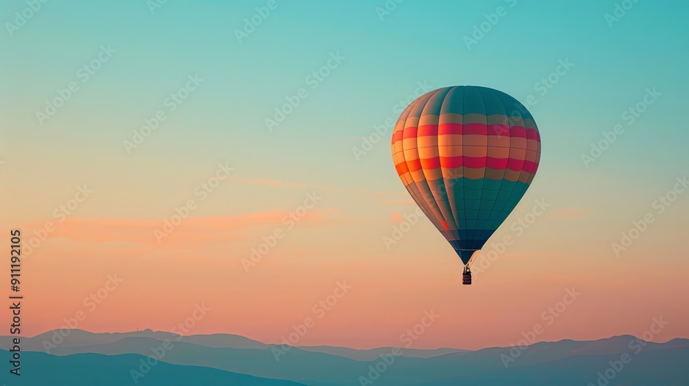 Obraz premium Colorful hot air balloon flying over mountains at sunset.