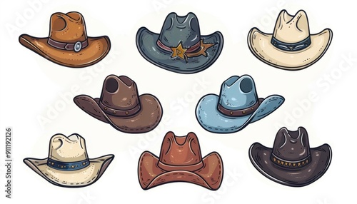 Variety of Colorful Cowboy Hats Displayed in Creative Arrangement on White Background