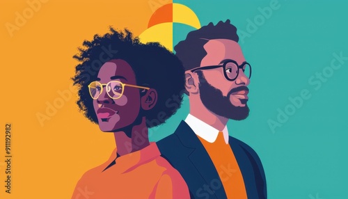 Portrait of Two Professionals With Distinct Styles Displaying Confidence and Individuality Against a Colorful Background
