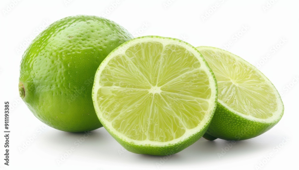 Fresh Green Limes Sliced and Whole on White Background Captured in Natural Light Fresh Green Limes Sliced and Whole on White Background Captured in Natural Light