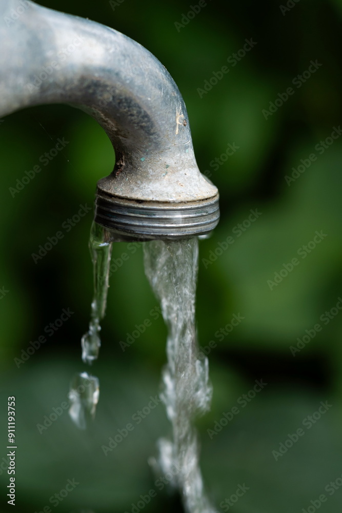 Old rusted metal water faucet with dripping water outside. Close up shot, shallow depth of field, set against green vegetation, no people Old rusted metal water faucet with dripping water outside. Close up shot, shallow depth of field, set against green vegetation, no people