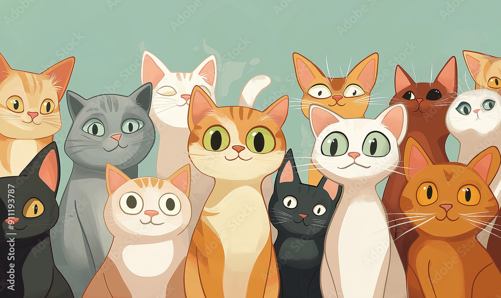This picture is a drawing of several cats with different colors and poses. They looked happy and friendly. Even though it's not a photo. But it was drawn in a lively and cute way. This picture is a drawing of several cats with different colors and poses. They looked happy and friendly. Even though it's not a photo. But it was drawn in a lively and cute way.