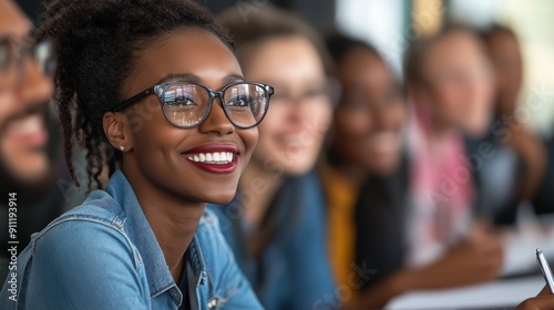 A group of businesspeople smile while engaging in discussions during a meeting, showcasing camaraderie and teamwork in a professional setting.