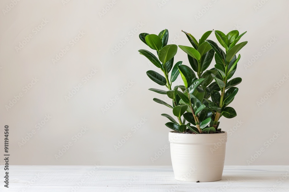 Green plant in a white pot on a white table. Green plant in a white pot on a white table.