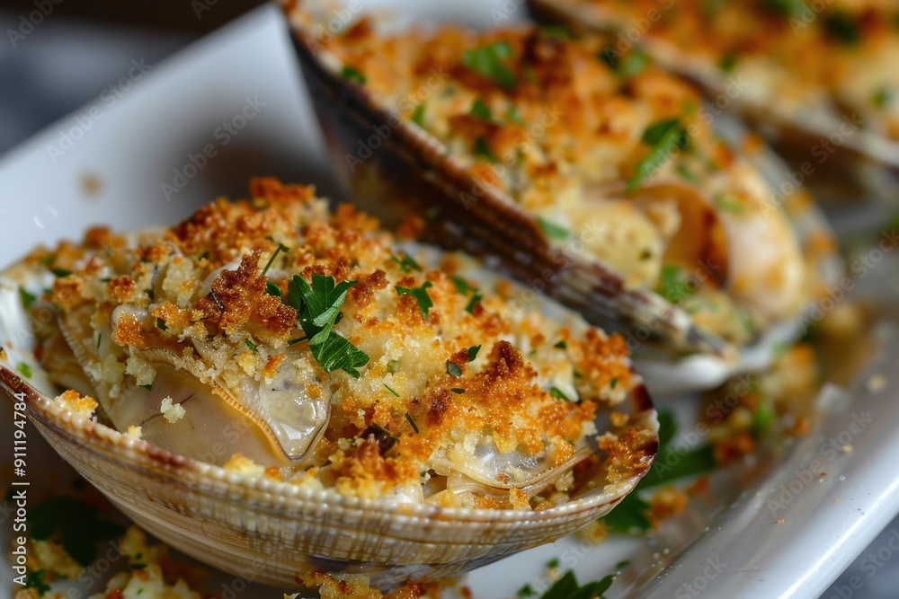 A serving of baked stuffed clams, topped with a crispy breadcrumb mixture and garnished with parsley. A serving of baked stuffed clams, topped with a crispy breadcrumb mixture and garnished with parsley.