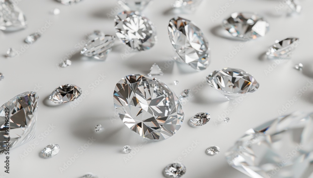 Scattered Clear Cut Diamonds on a White Surface Under Natural Light Scattered Clear Cut Diamonds on a White Surface Under Natural Light