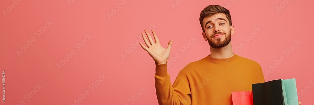 A banner featuring a happy shopper holding discounted items, with space available for text A banner featuring a happy shopper holding discounted items, with space available for text