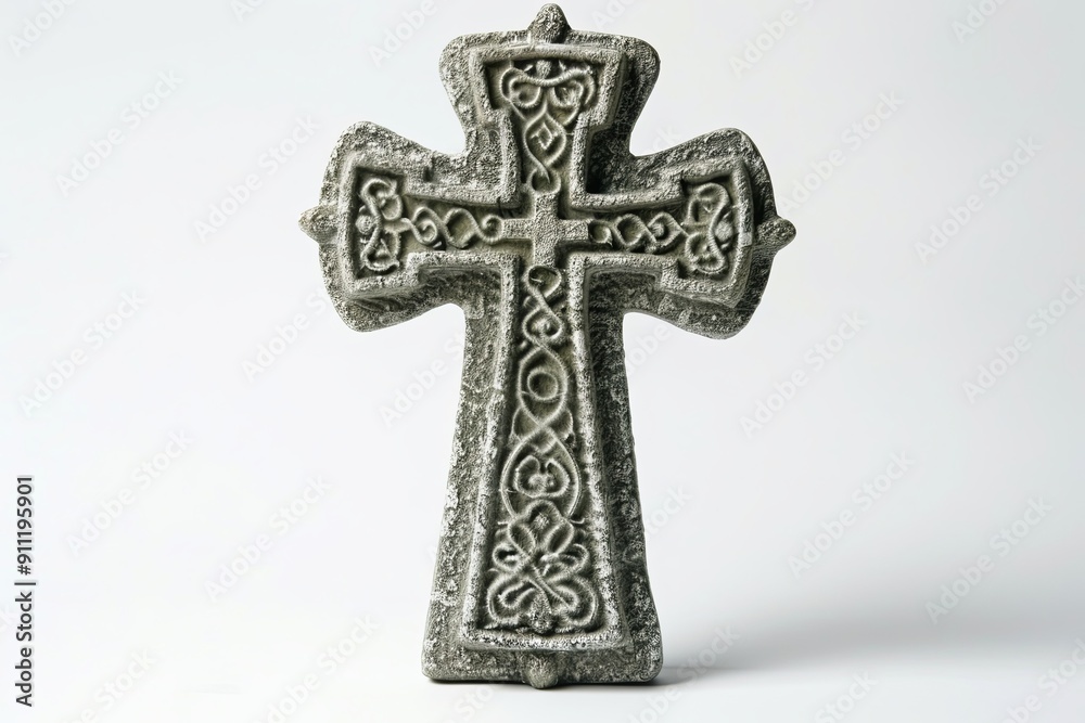Stone cross with intricate design isolated on white background. Stone cross with intricate design isolated on white background.
