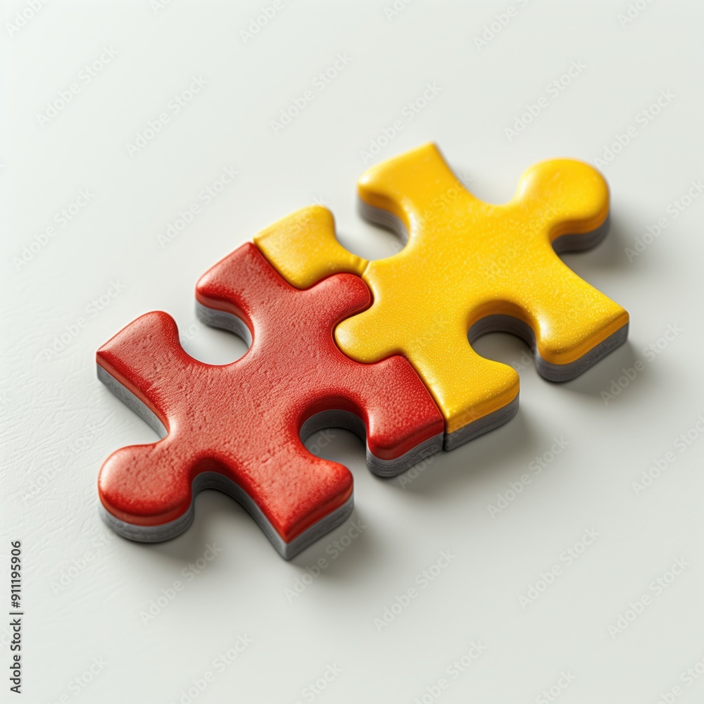 Fototapeta premium Two Interlocking Puzzle Pieces in Red and Yellow