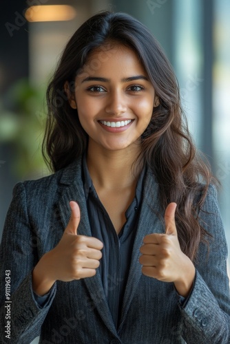 Confident Indian Businesswoman in Formal Attire Giving Thumbs Up