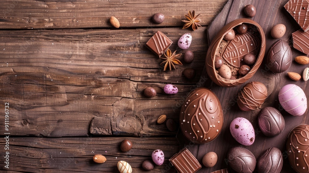 Easter chocolate treats on wooden surface Easter chocolate treats on wooden surface