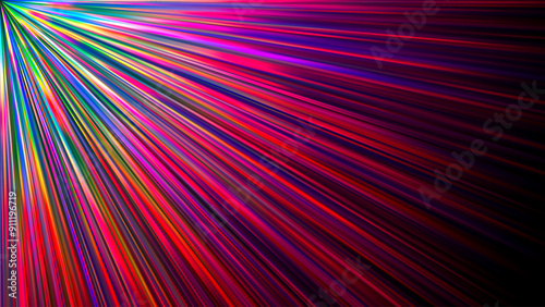 Rainbow gradient dispersion glowing rays and flare effects on dark background. Dynamic design with colorful flowing vibrant radiant beams for creative poster, banner or cover. Vector illustration