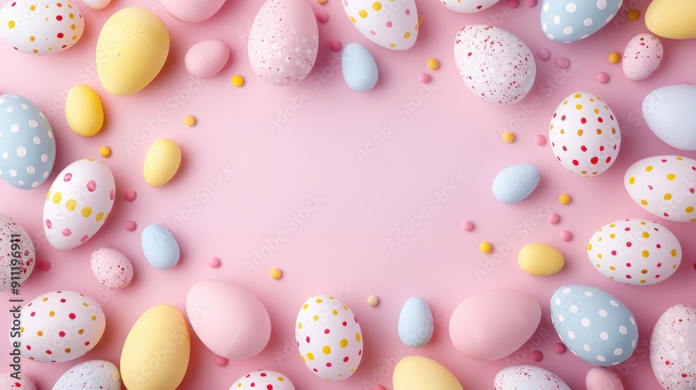 Easter egg frame with decorative eggs on pink backdrop Easter egg frame with decorative eggs on pink backdrop