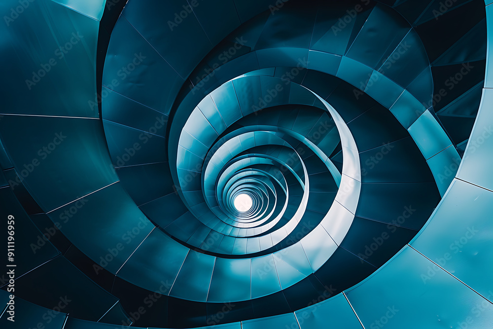 Fototapeta premium Abstract spiral staircase in blue and white, modern architecture, futuristic design, endless possibilities. 