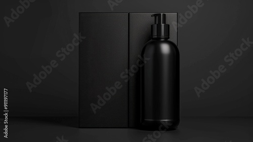 Black bottle and box packaging, elegant, luxurious, grand, minimalist design. Blank labeled. Product design concept. Branding. Commercial design.