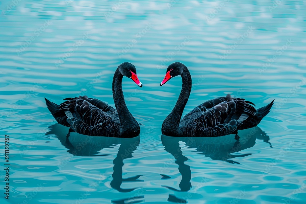Obraz premium Two black swans with red beaks swimming in turquoise water, creating a heart shape.