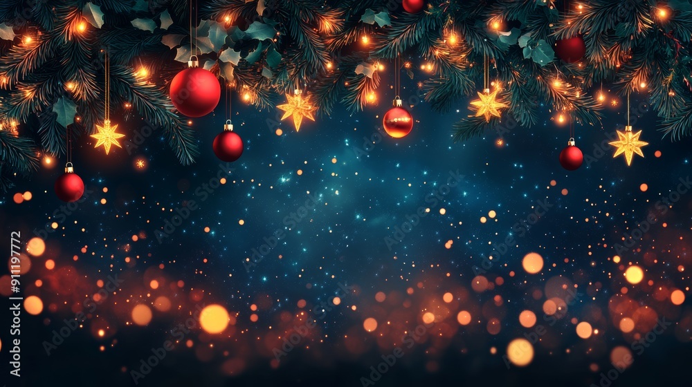 Beautiful Christmas decoration with ornaments and lights against a dark blue background, creating a festive atmosphere. Beautiful Christmas decoration with ornaments and lights against a dark blue background, creating a festive atmosphere.