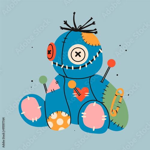 Voodoo doll with needles, pins and patches. Cute funny creature. Cartoon style character. Hand drawn Vector illustration. Isolated design element. Rag, textile, fabric toy. Icon, print template