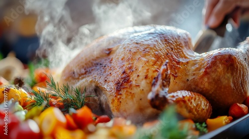 Cozy Thanksgiving Dinner Table with Roasted Turkey Being Carved, Surrounded by Traditional Dishes like Mashed Potatoes, Cranberry Sauce, and Pumpkin Pie, with Warm Ambient Lighting