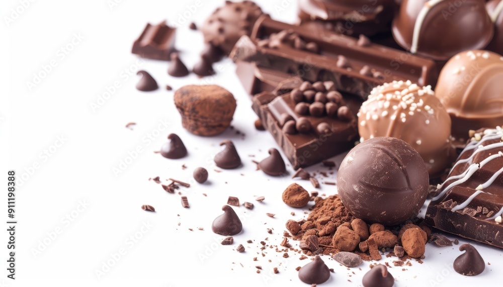 Tempting Arrangements of Various Chocolate Treats Displayed Artfully on White Background Tempting Arrangements of Various Chocolate Treats Displayed Artfully on White Background