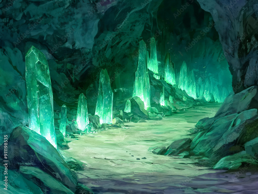 A cave with green crystals and rocks. The cave is dark and mysterious ...