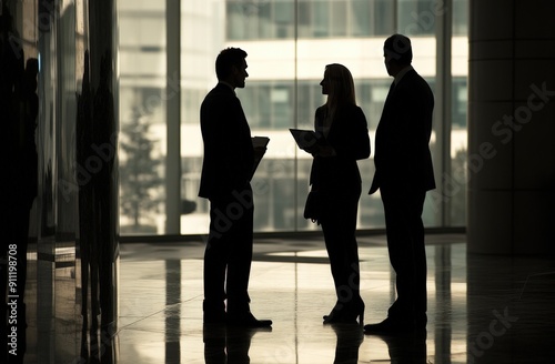 Silhouettes of Three Business Professionals in a Modern Office Setting