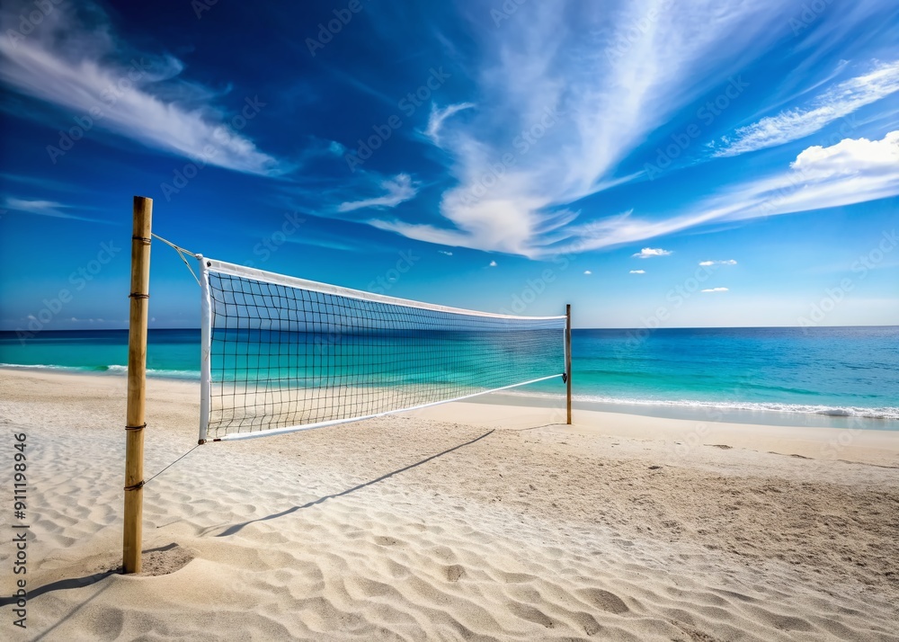 A serene summer beach scene with a vacant volleyball net standing tall amidst pristine sandy shores, calm turquoise waters, and clear blue skies.