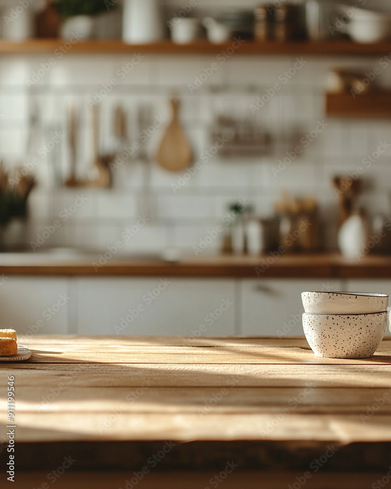 A wide table in the foreground in the kitchen A wide table in the foreground in the kitchen
