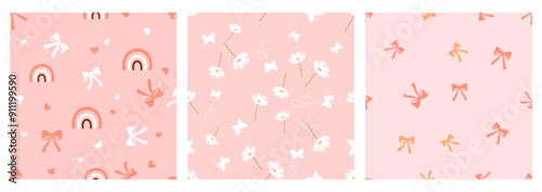 Seamless pattern with rainbow, daisy flower, butterflies, and ribbon bow on pink backgrounds vector.