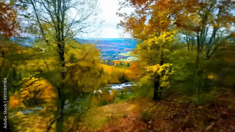 Exploring vibrant autumn leaves covering a forest floor on a crisp fall day, landscape drone view Exploring vibrant autumn leaves covering a forest floor on a crisp fall day, landscape drone view