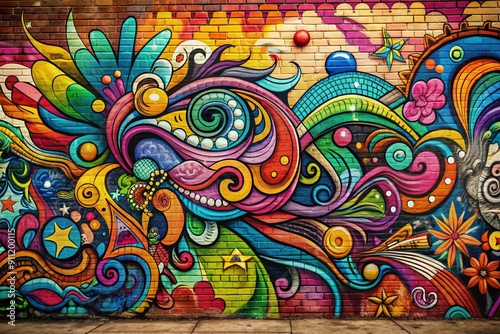 Vibrant colorful graffiti and whimsical drawings cover entire wall, showcasing eclectic mix of abstract patterns, swirling shapes, and playful doodles on urban brick background.