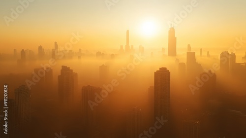 Sunrise Over Foggy Cityscape, Golden Glow Bathes Skyscrapers in Misty Ambiance