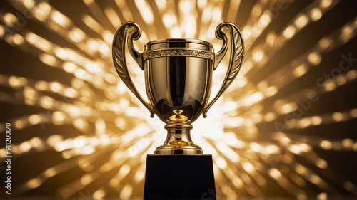 Golden trophy on podium, bokeh background, concept of competition and achievement. photo