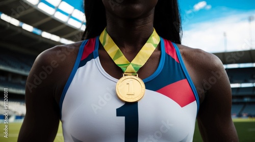 Gold medal with number 1 on chest of black woman in sportswear, stadium in background, concept of achievement and competition.
