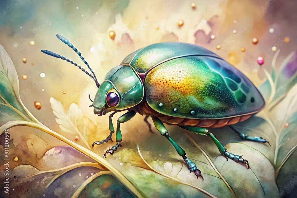 Fototapeta premium Delicate watercolor illustration of a vibrant tortoise beetle with intricate details, set against a soft, dreamy background with subtle texture and gentle color hues.