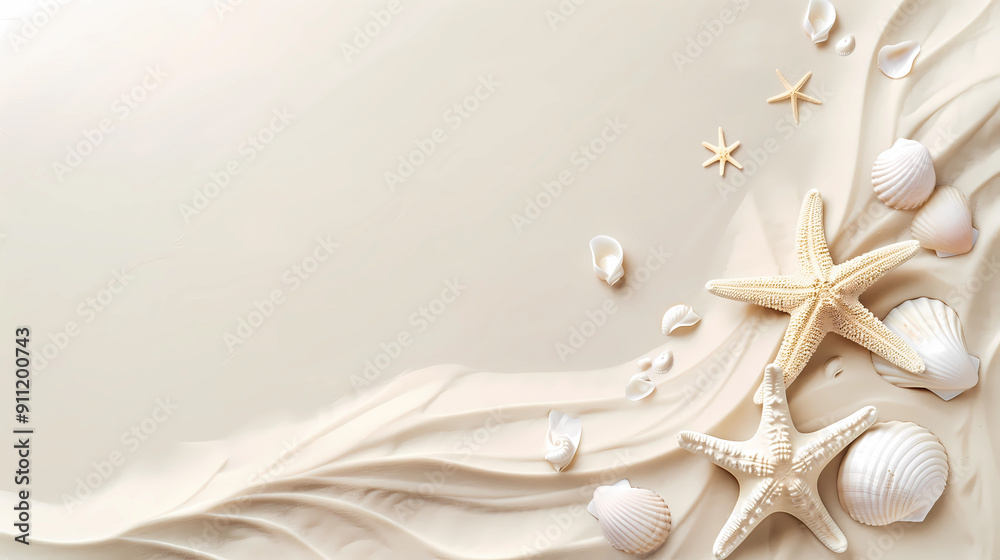 A white beach with small starfish and seashells scattered around,suitable as a banner or header for summer-themed social media posts or holiday event marketing material A white beach with small starfish and seashells scattered around,suitable as a banner or header for summer-themed social media posts or holiday event marketing material