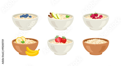 Set of oatmeal bowls with various ingredients. Vector cartoon flat illustration of healthy breakfast.