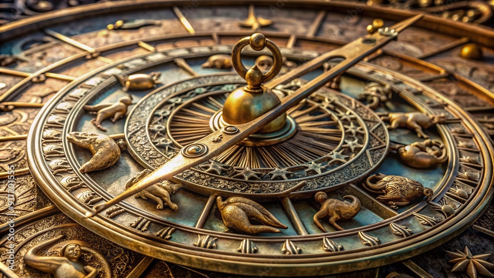 Obraz premium Intricate vintage bronze astrological sundial showcases embossed zodiac signs and celestial figures, adorned with delicate engravings, symbolizing ancient astronomical wisdom and mystique.