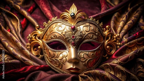 Intricately crafted Venetian carnival mask adorned with lavish floral patterns, delicate gold filigree, and ornate details, resting elegantly on a luxurious velvet surface.