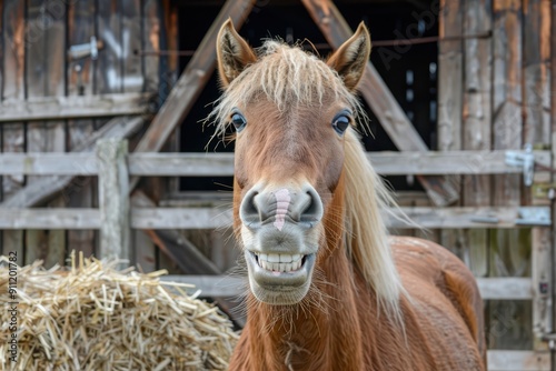 a horse is standing in front of a barn photo