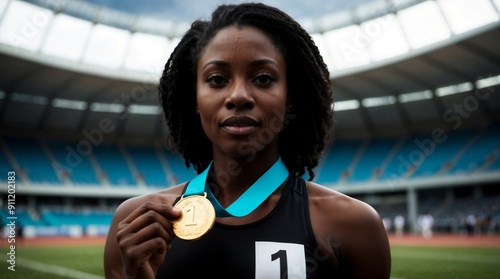 Gold medal with number 1 on chest of black woman in sportswear, stadium in background, concept of achievement and competition.