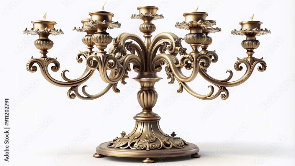 Intricately designed antique candelabra with delicate curves and ornate details stands majestically on a pristine white background, exuding luxury and sophistication. Intricately designed antique candelabra with delicate curves and ornate details stands majestically on a pristine white background, exuding luxury and sophistication.