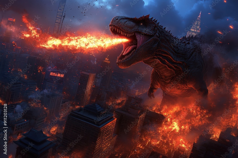 A monstrous dinosaur breathes fire as it towers over a blazing cityscape, creating a dramatic representation of chaos, destruction, and unbridled fury. A monstrous dinosaur breathes fire as it towers over a blazing cityscape, creating a dramatic representation of chaos, destruction, and unbridled fury.