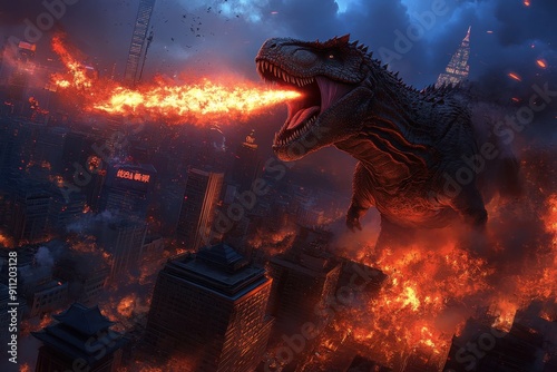 A monstrous dinosaur breathes fire as it towers over a blazing cityscape, creating a dramatic representation of chaos, destruction, and unbridled fury.