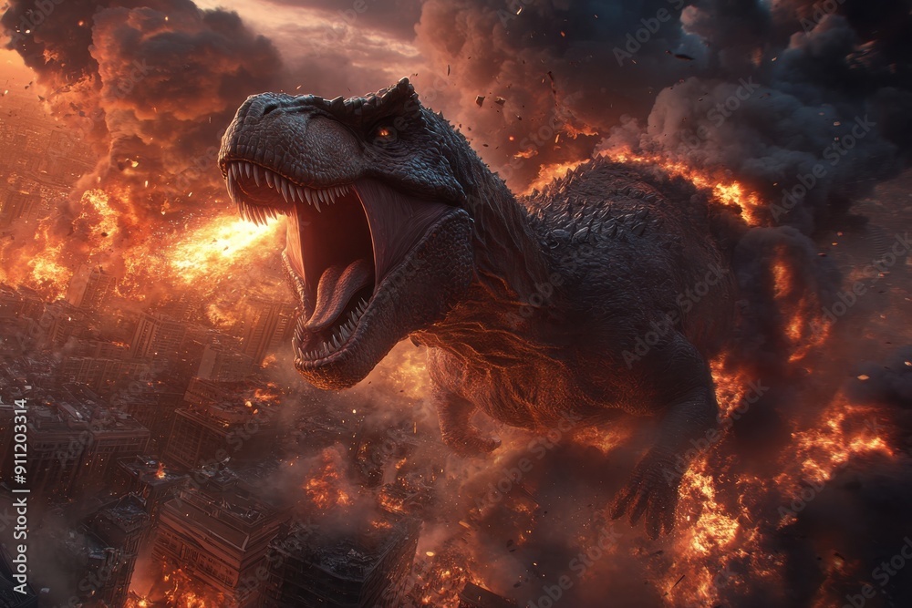 Obraz premium A ferocious dinosaur roars amidst fiery destruction in the city, creating a powerful depiction of chaos and terror against the backdrop of flames and smoke.