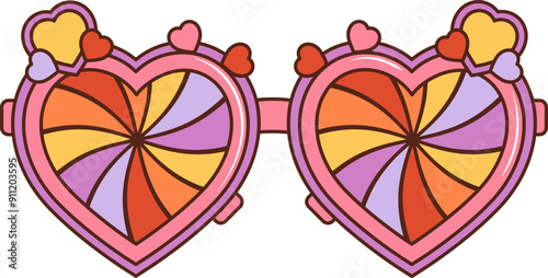 Cartoon retro groovy hippie love eyeglasses. Isolated vector y2k style sunglasses with heart shaped frames and swirled rainbow lenses. Funny eyewear embodying free-spirited essence of funky culture