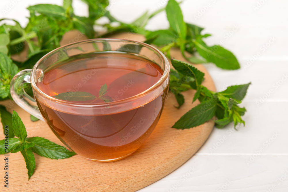 Cup of mint tea on table background. Green tea with fresh mint top view with copy space Cup of mint tea on table background. Green tea with fresh mint top view with copy space