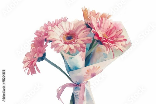 a bouquet of pink flowers tied with a ribbon photo