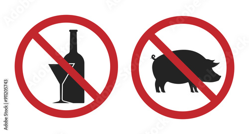 Bundle set isolated halal sign, no pork and no alcohol, healthy food and beverage label